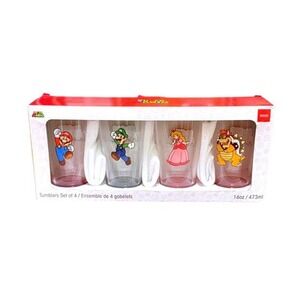 Nintendo Super Mario Set of 4 Glass Tumblers 16oz Mario Luigi Peach Bowser NIB